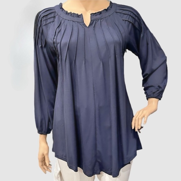 Reborn Pin-Tuck Tunic Size 1X Navy Blue Long Sleeves Shirttail, Notched Neck NWT - Picture 9 of 15